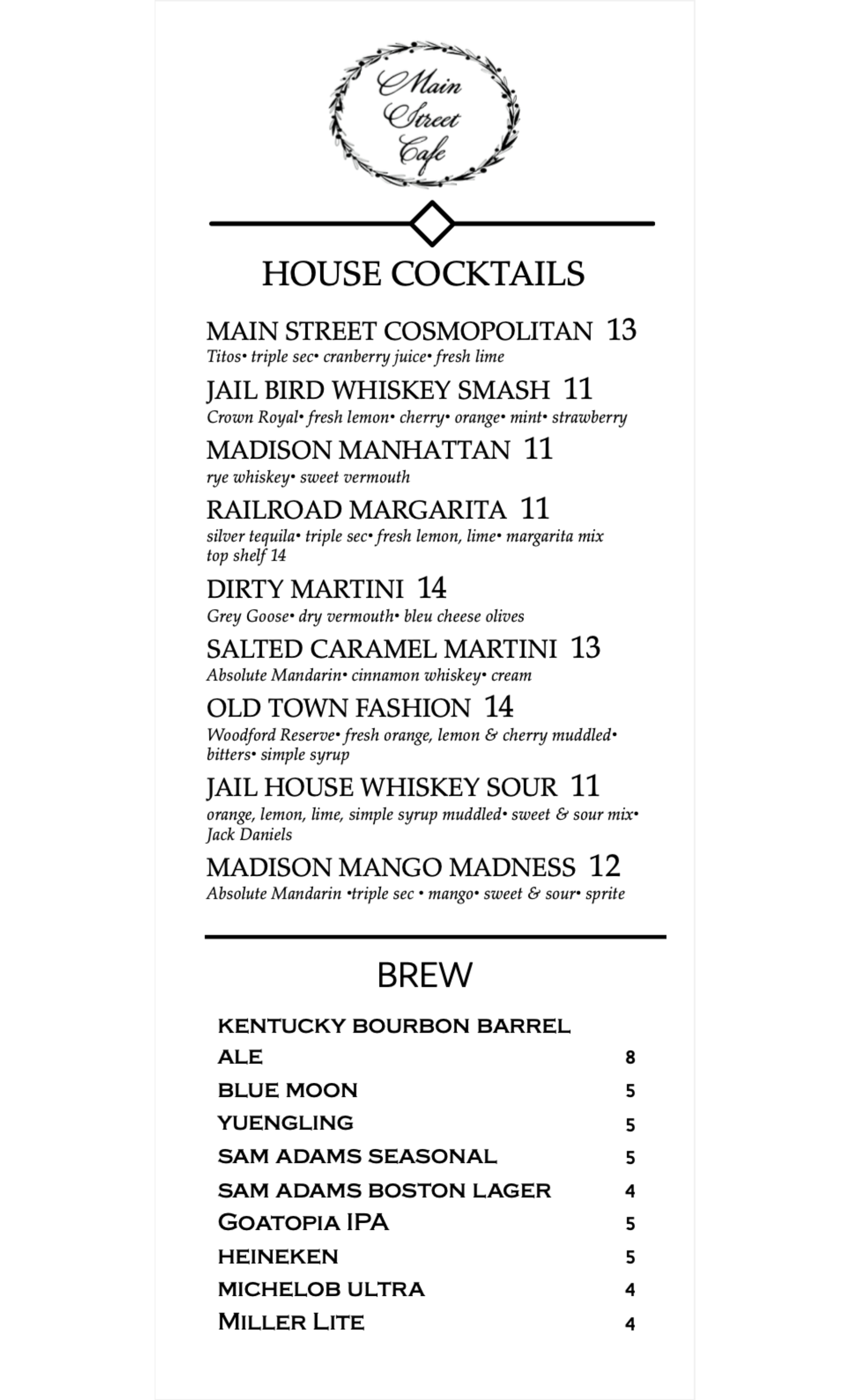 Cocktail List for Main Street Cafe