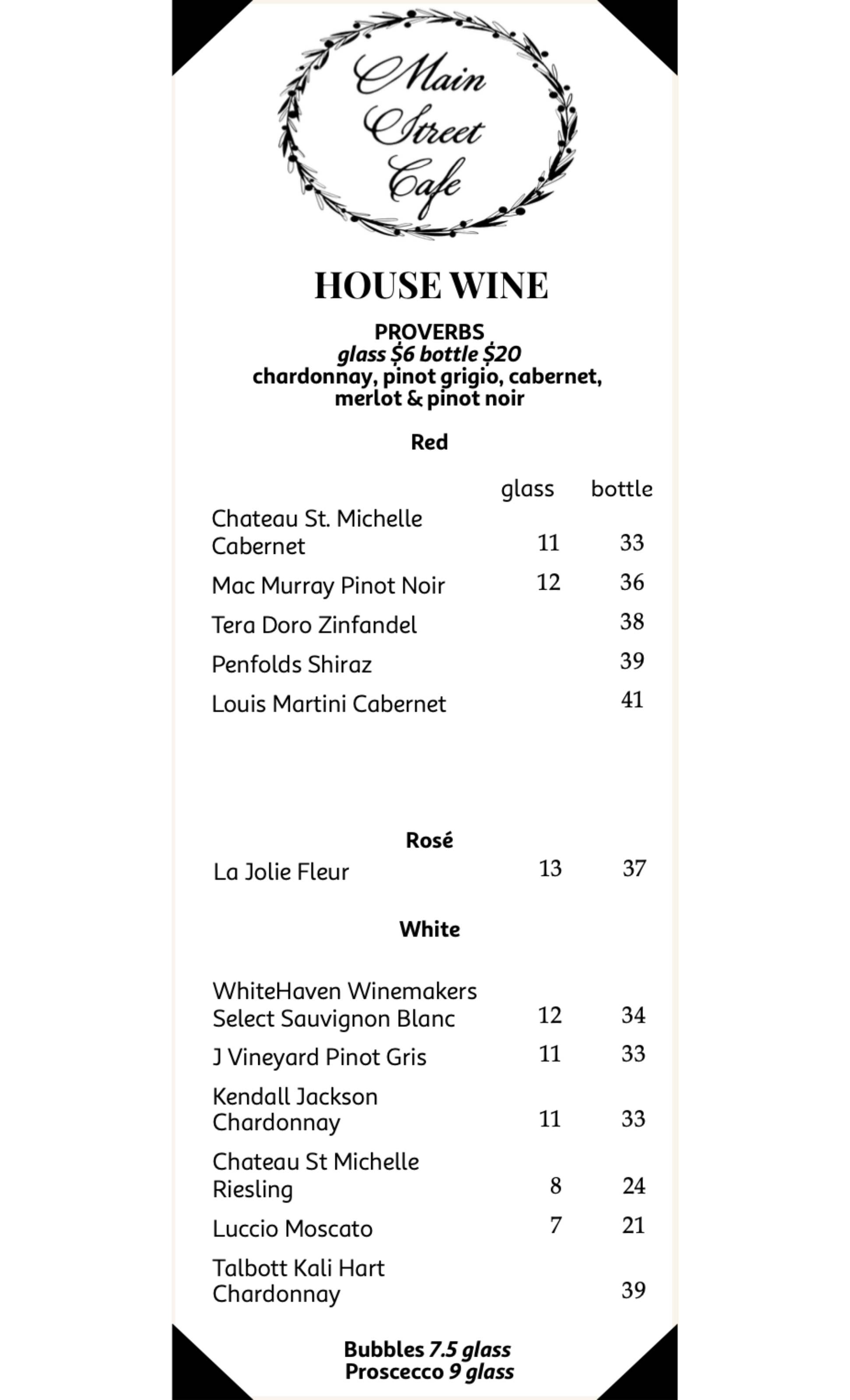 Wine List for Main Street Cafe